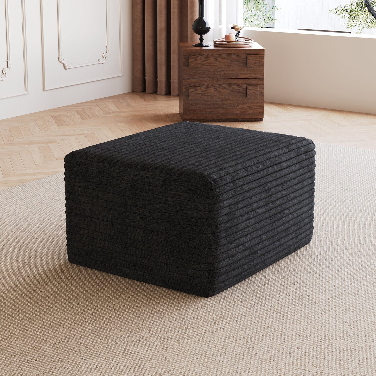 No Assembly Required Sofa Ottoman in Black Plush Corduroy