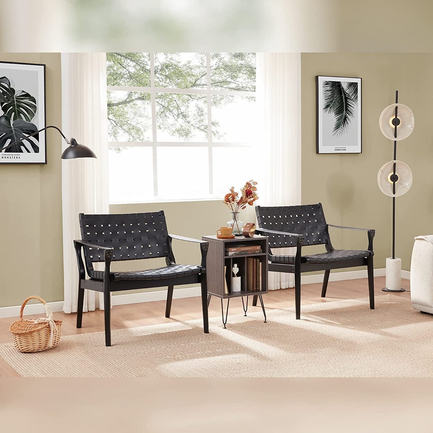 Scandinavian Woven Leather Chair With Natural Wood Frame in a stylish living room setting with decorative accents.