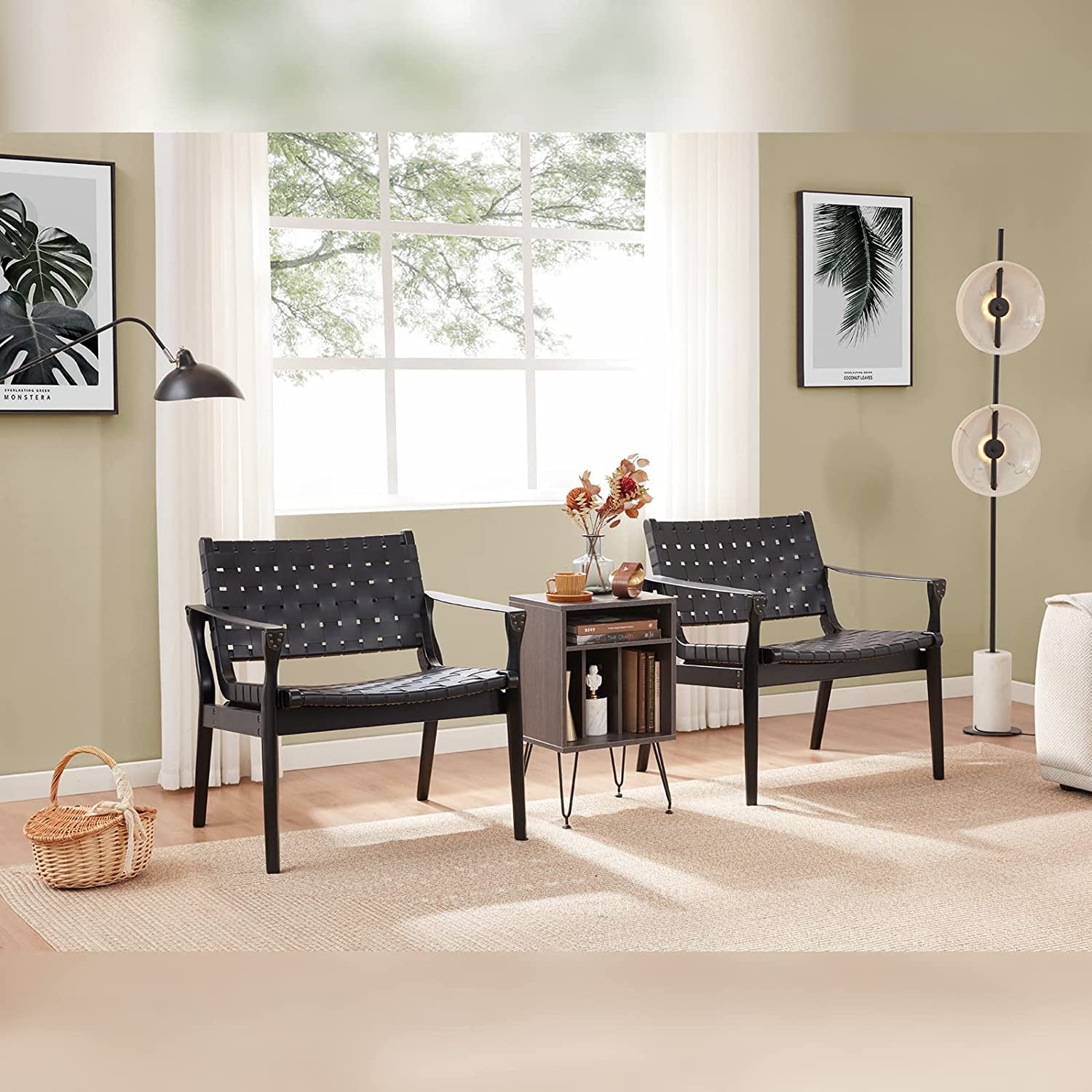 Scandinavian Woven Leather Chair With Natural Wood Frame in a stylish living room setting with decorative accents.