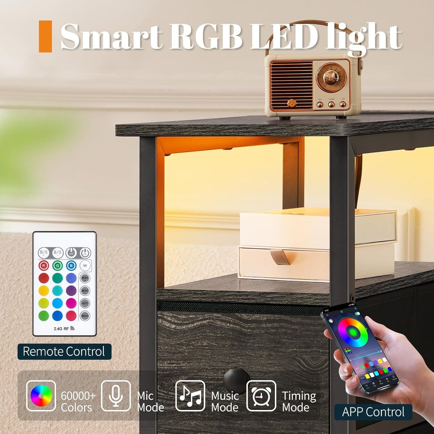 Narrow Dresser Nightstand With Led Charging Station