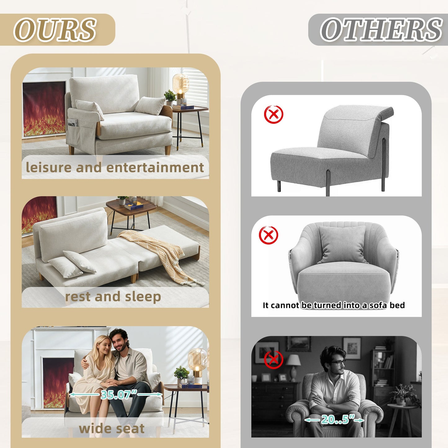 Foldable Sofa Bed Recliner - 3-in-1 Convertible Sleeper