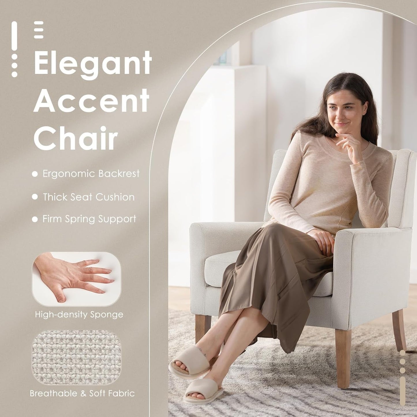 Beige Wingback Chairs With Wood Legs For Living Room