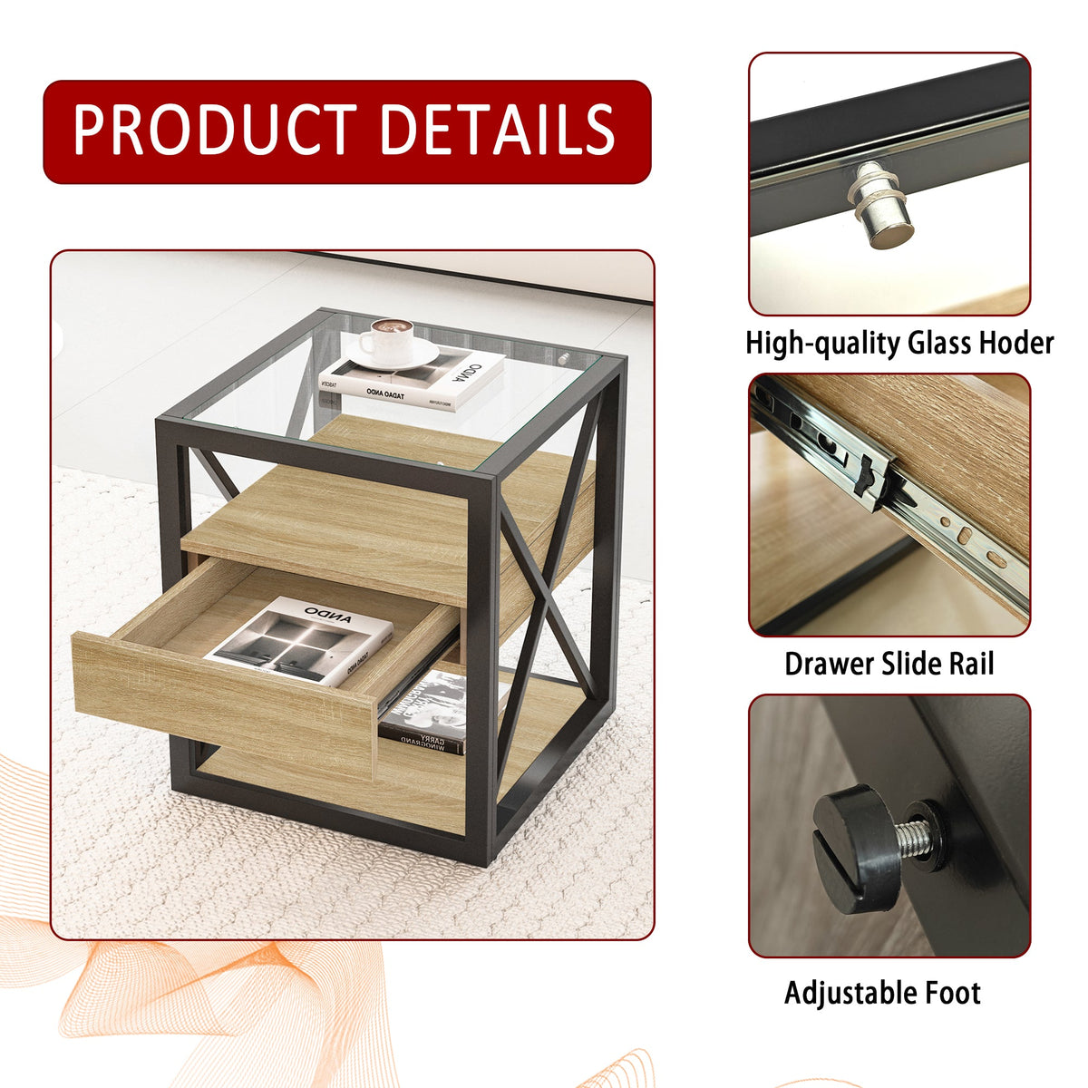 Set of 2 Modern End Table with Drawer - Nightstand for Bedroom & Living Room