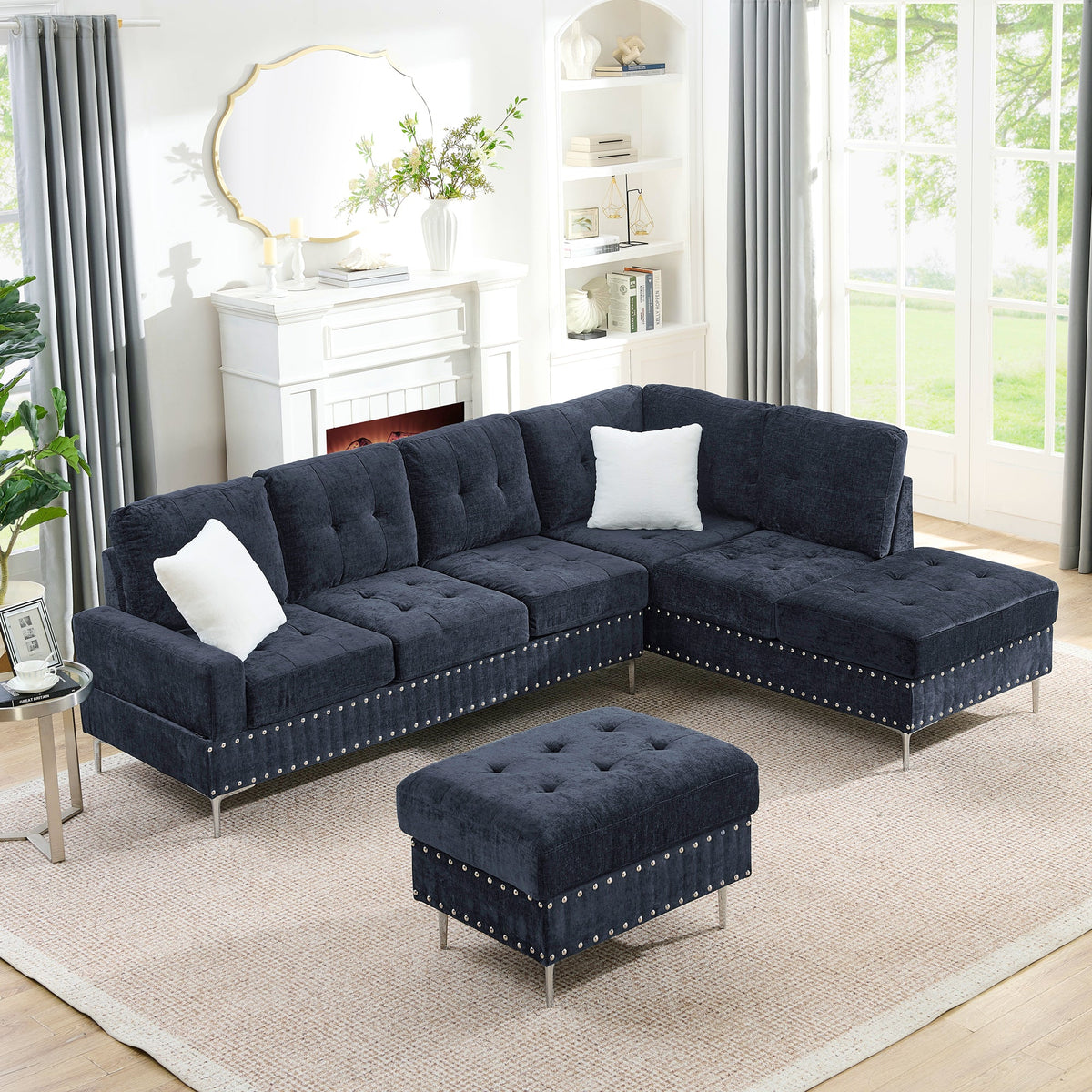 L-Shaped Chenille Sectional Sofa with Chaise and Storage Ottoman
