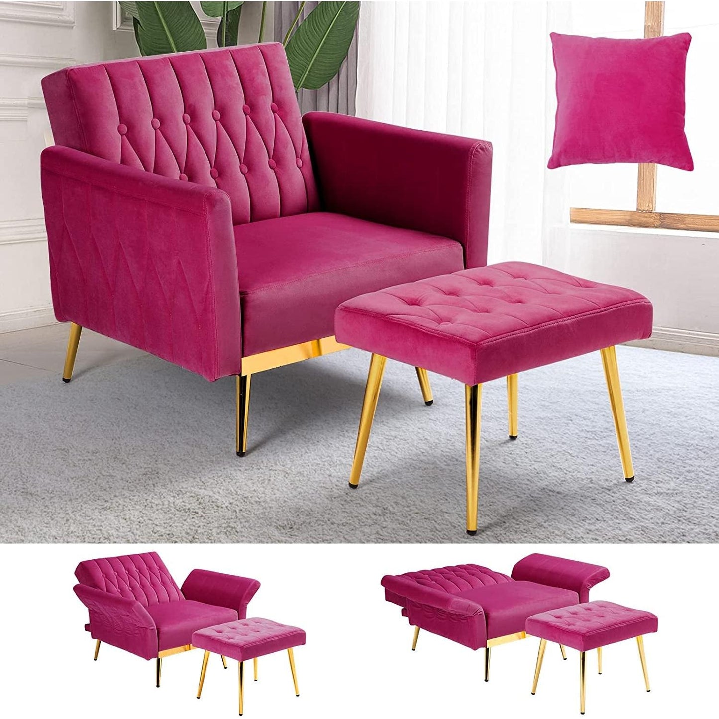 Fuchsia Velvet Adjustable Accent Chair With Three Backrest Angles