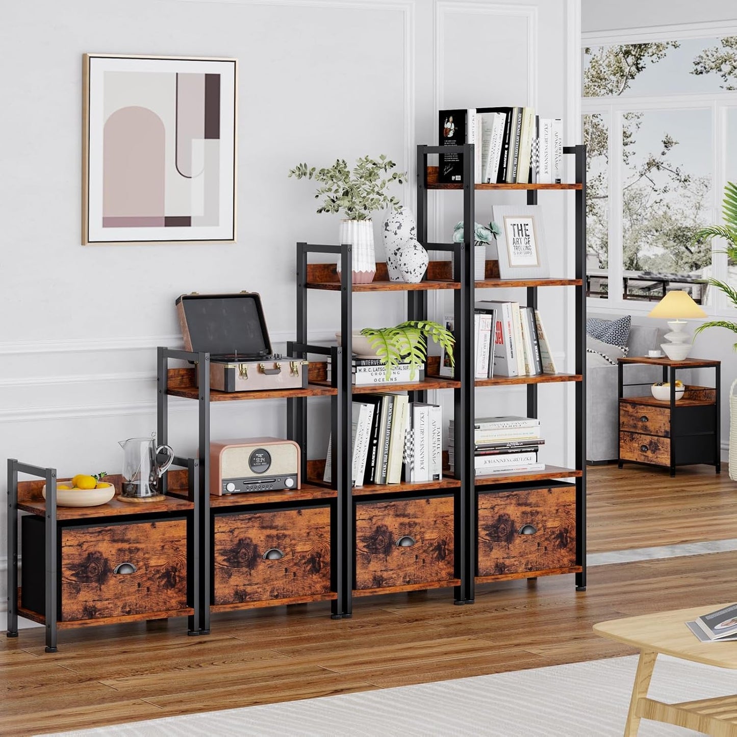 5 Tier Bookshelf With Drawer Tall Narrow Wood Bookcase