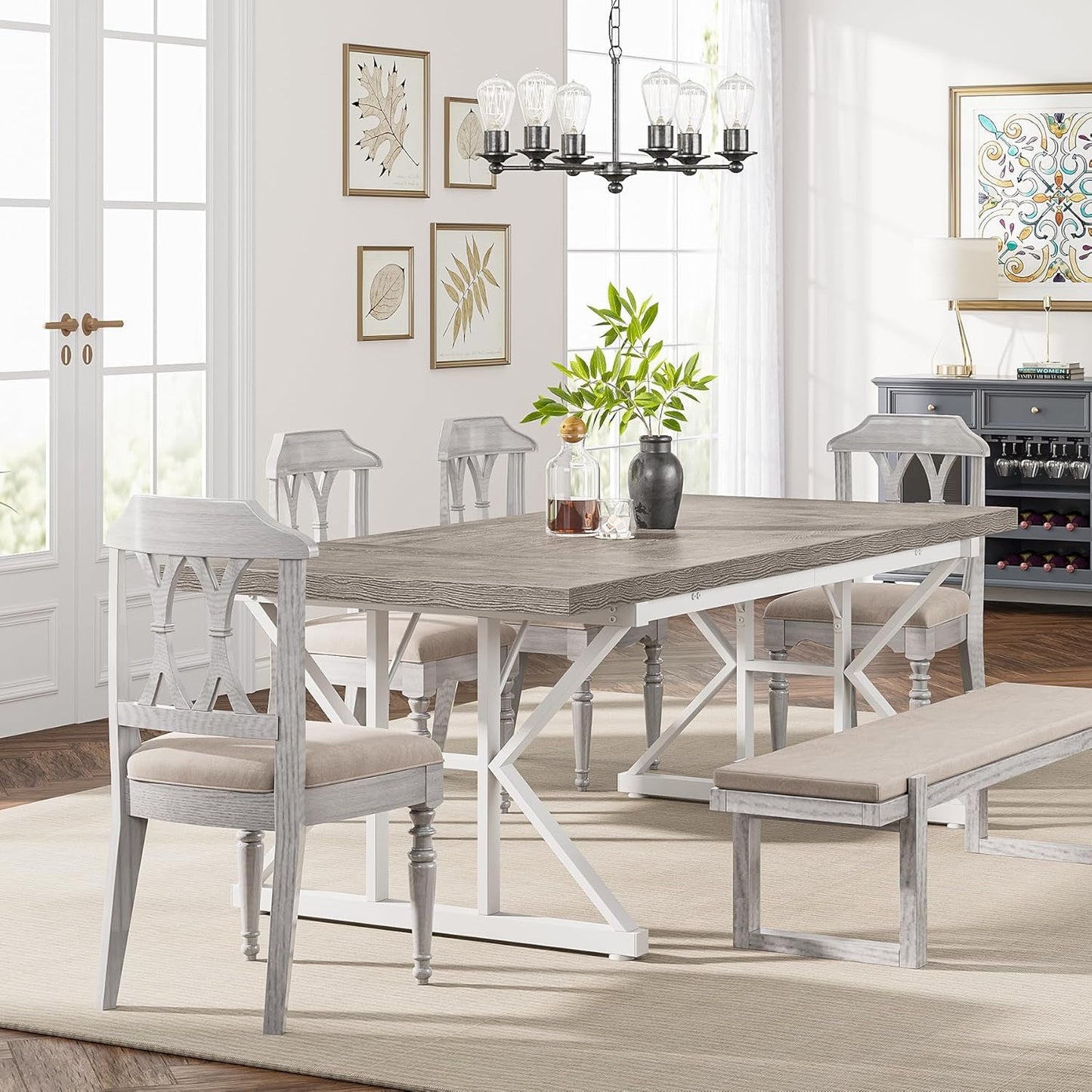 Farmhouse 6 Person Dining Table 70.8 Inch Grey Wood Table