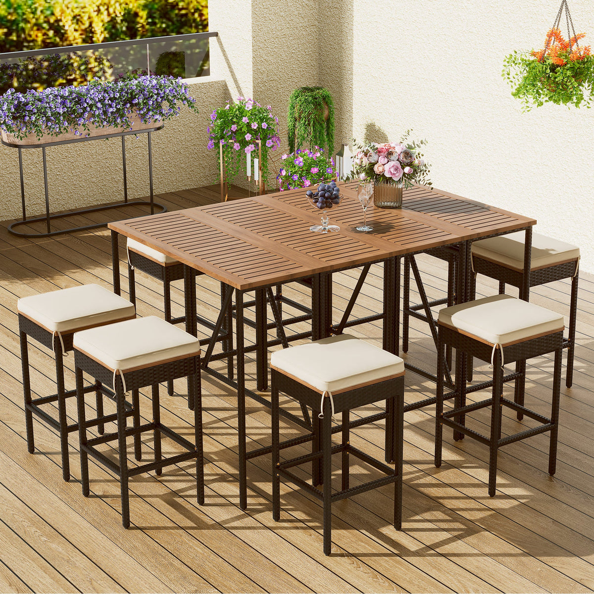 GO 10-Piece Outdoor Acacia Wood Bar Height Table And Stools Set