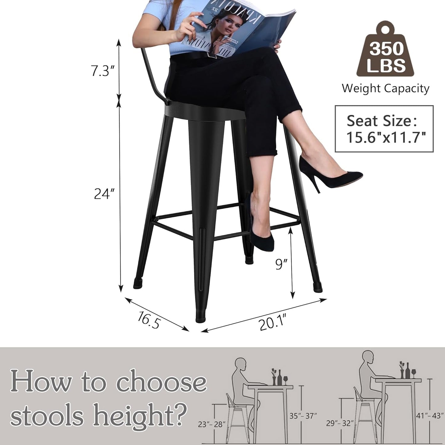 24 Inch Black Outdoor Metal Bar Stools Set of 4 Counter Height Large Ergonomic Seats