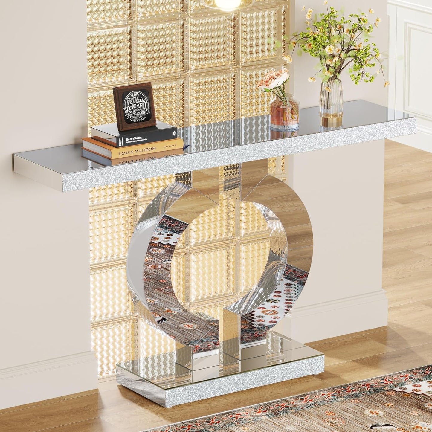 43" Modern Mirrored Console Table with O-Shaped Base