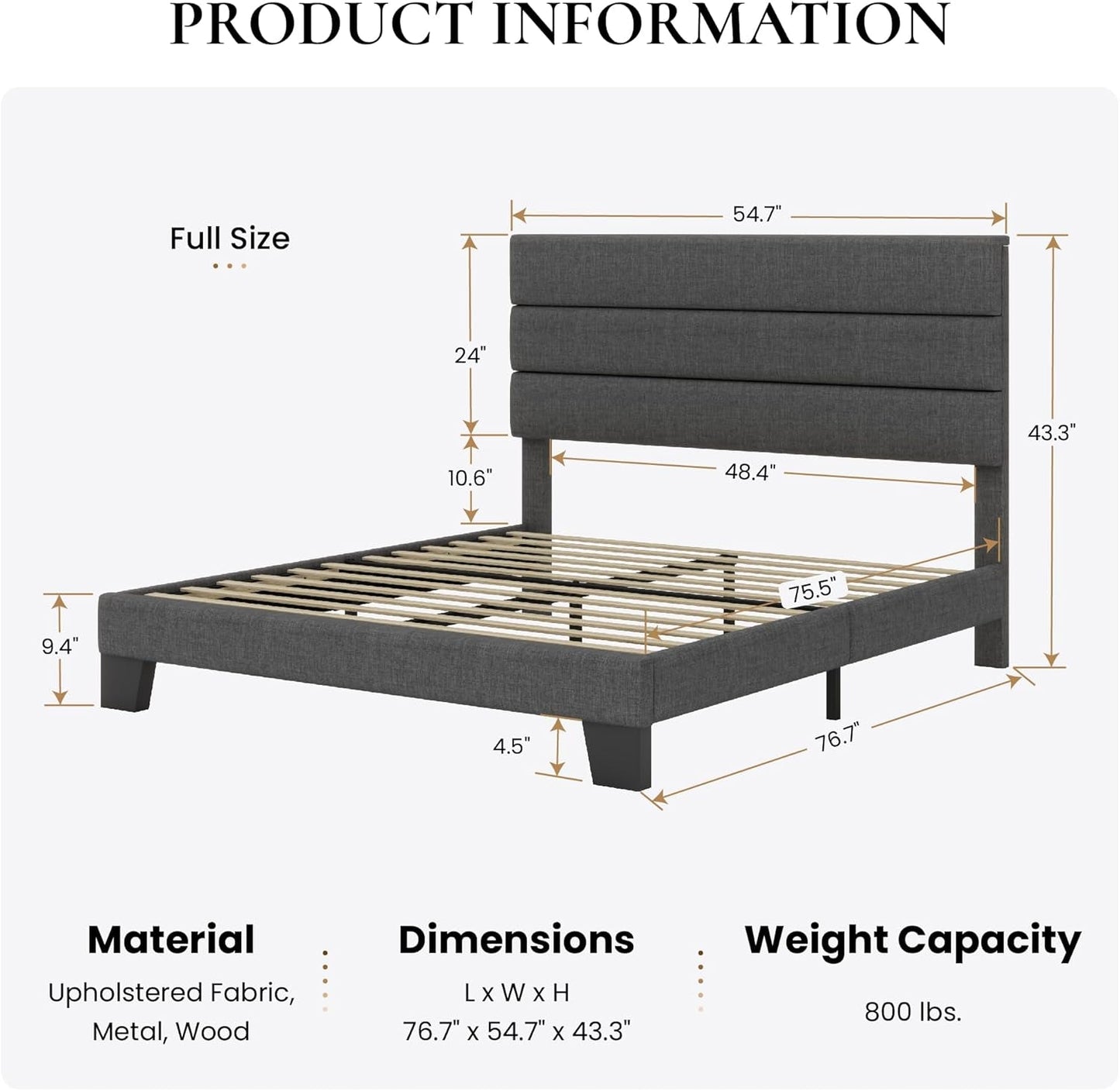 Full Size Upholstered Bed Frame With Grey Headboard