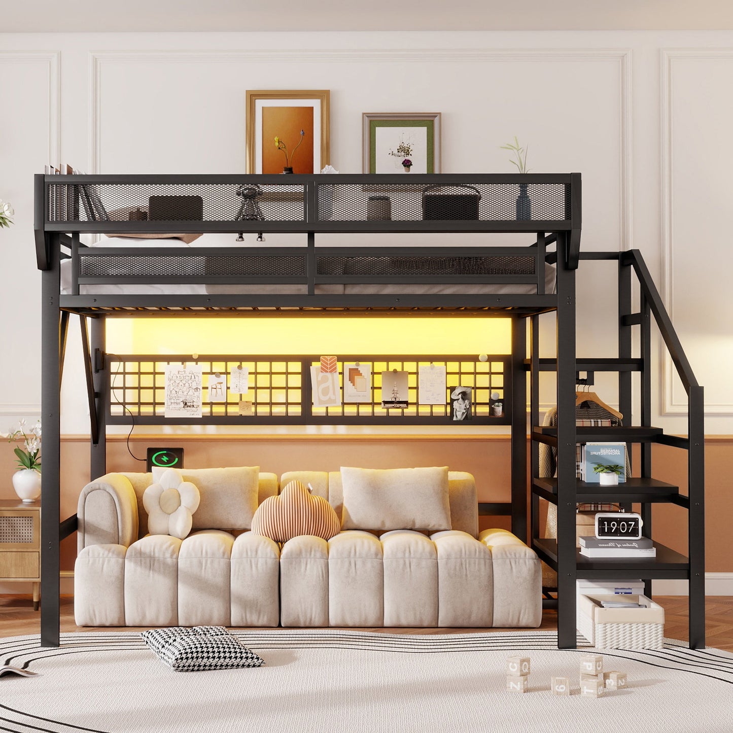 Full Size Loft Bed with Charging Station