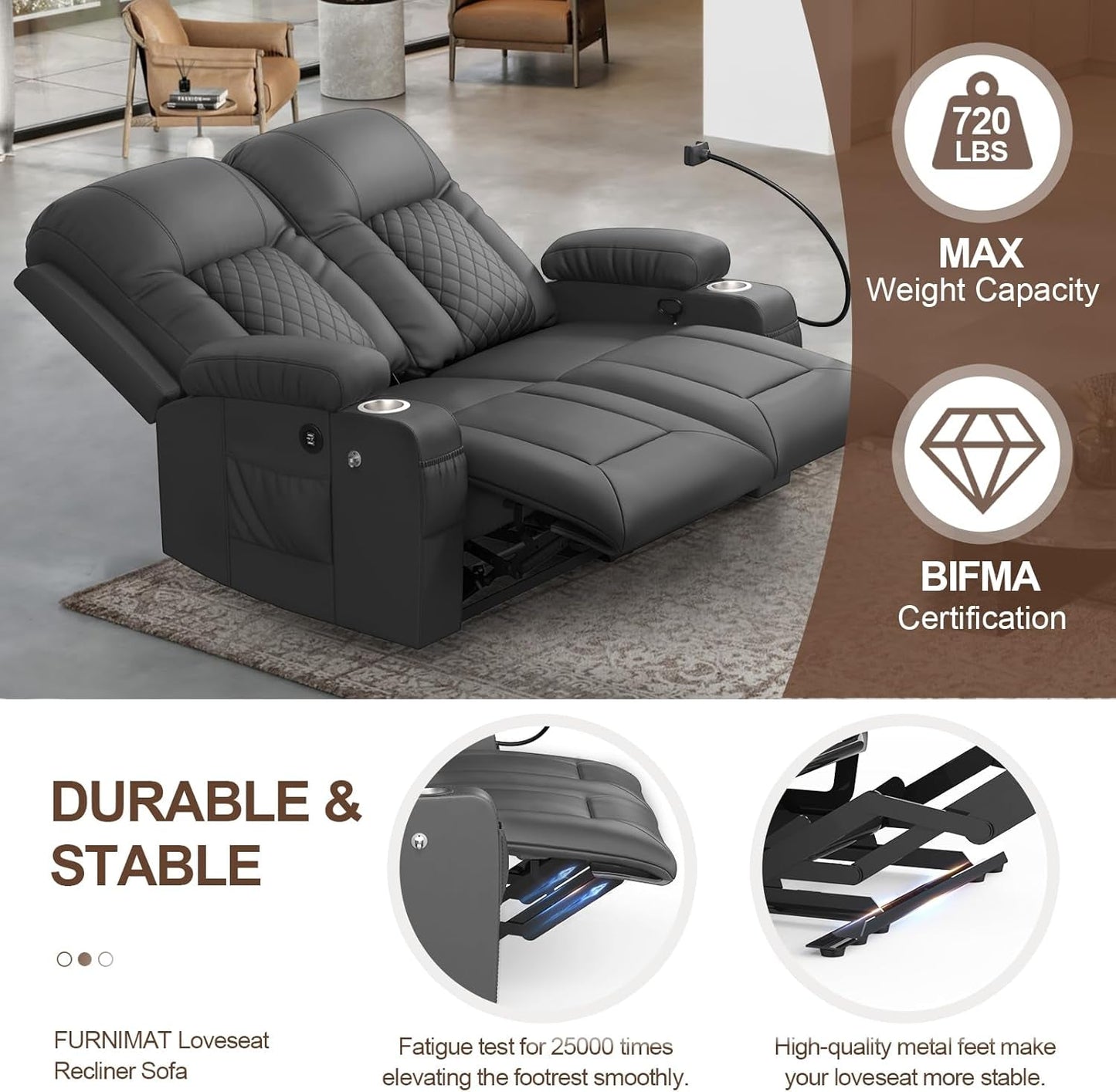 Gray PU Leather Two Seater Recliner Loveseat With USB Ports