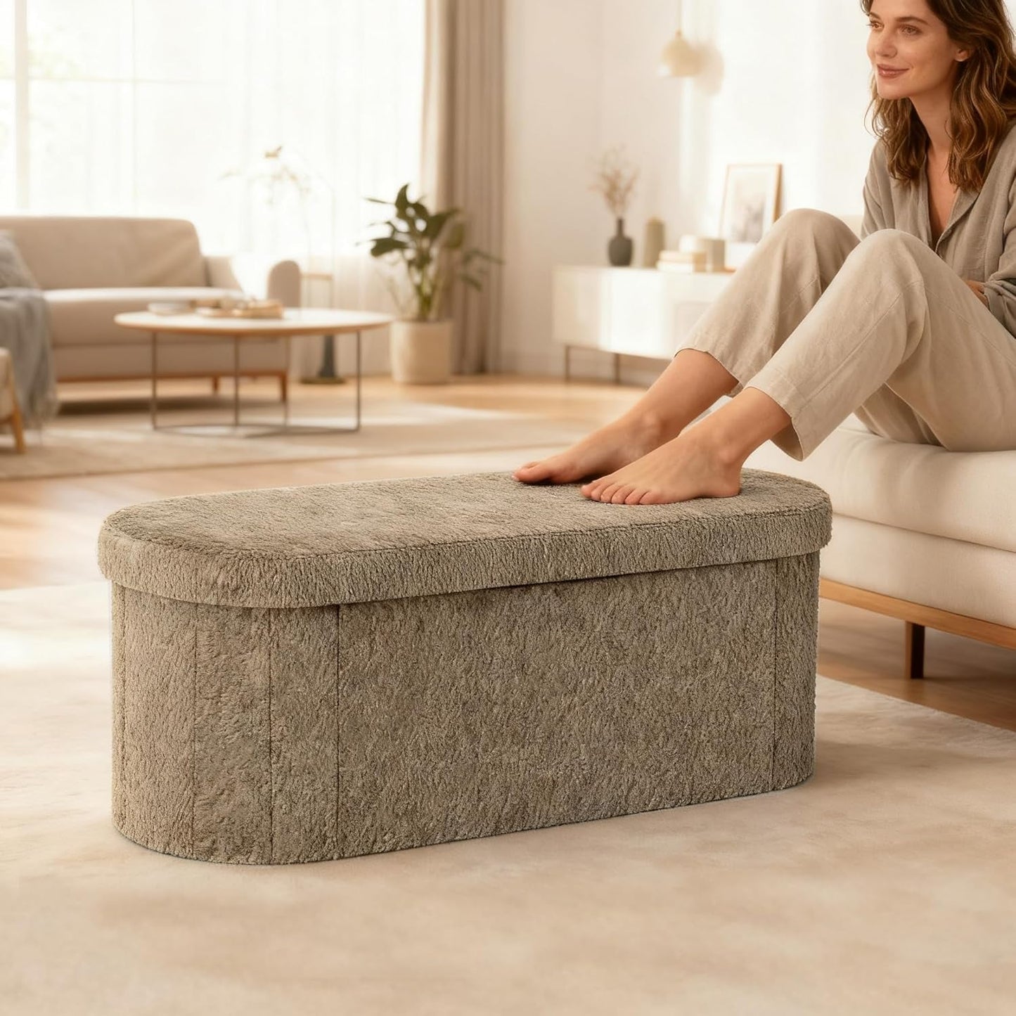 Brown 43 Inch Folding Storage Ottoman Sherpa Fabric