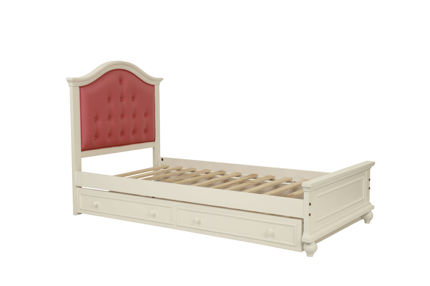 Contemporary Style Twin Size Bed w/ Trundle Slats Pine Plywood Kids Youth Bedroom Furniture Pink Faux Leather Tufted HB