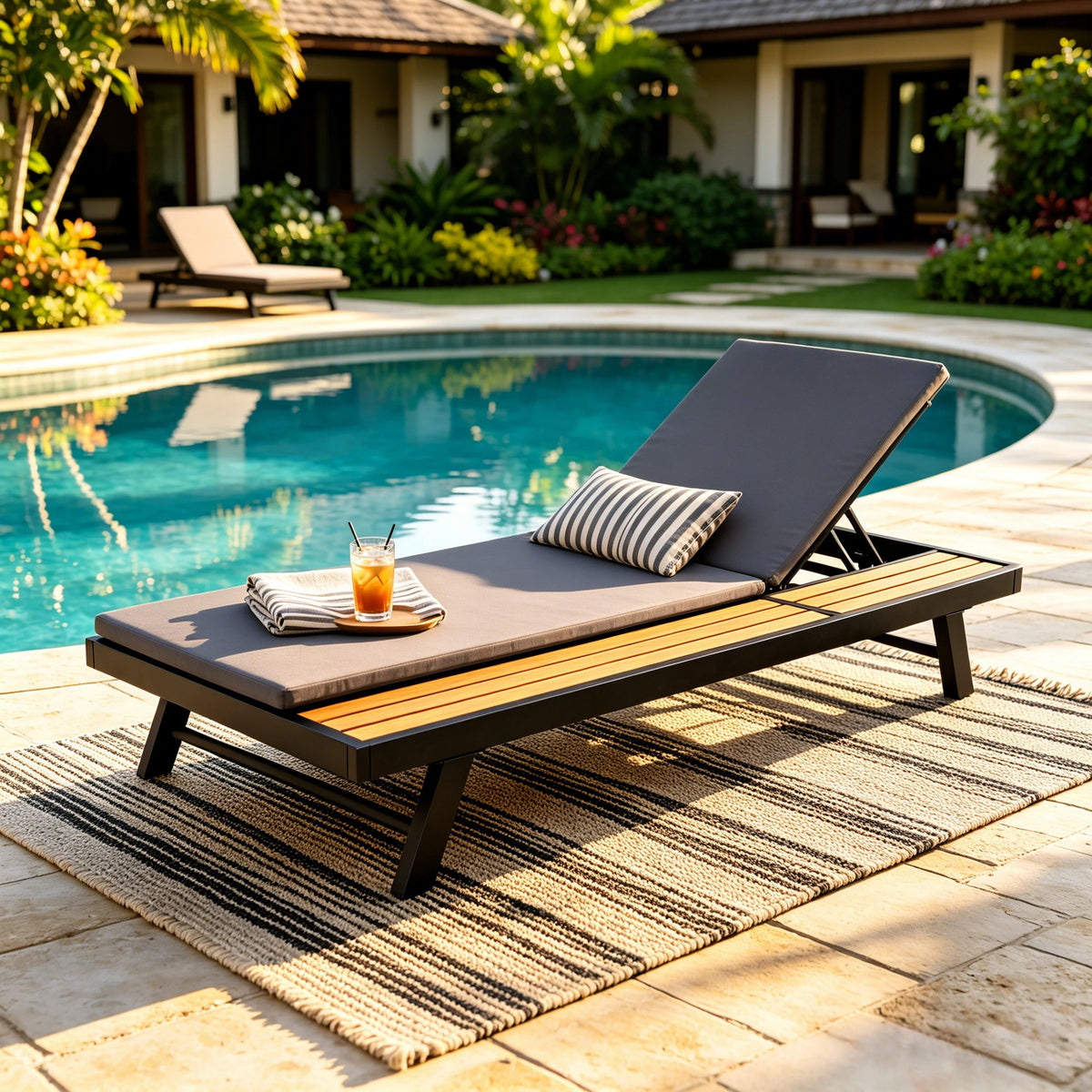 Black Iron + Teak Finish Outdoor Chaise Lounge Set with Dark