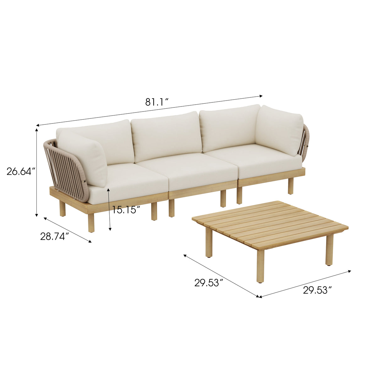 4-Piece Acacia Wood Outdoor Sofa Set with Rope Back
