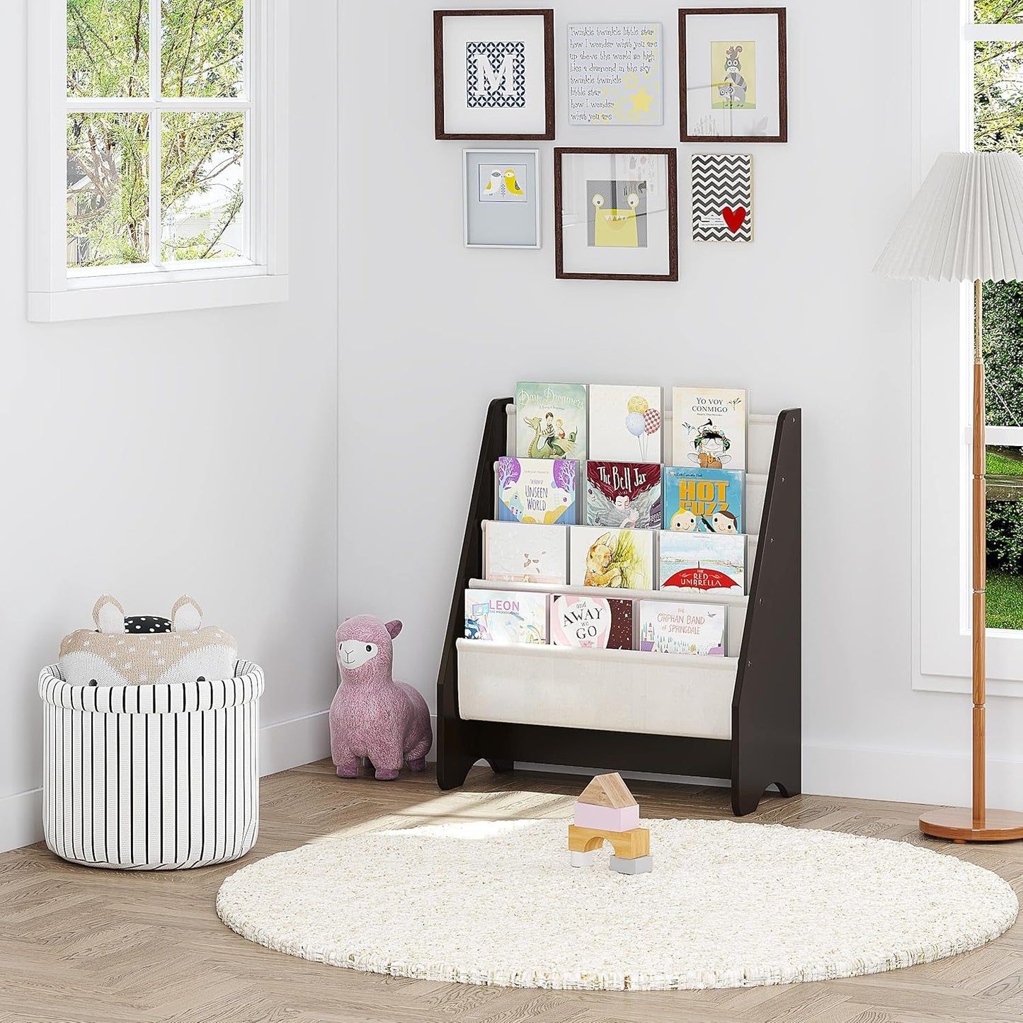 Kids Sling Bookshelf Espresso With Magazine Rack Organizer For Kids Room