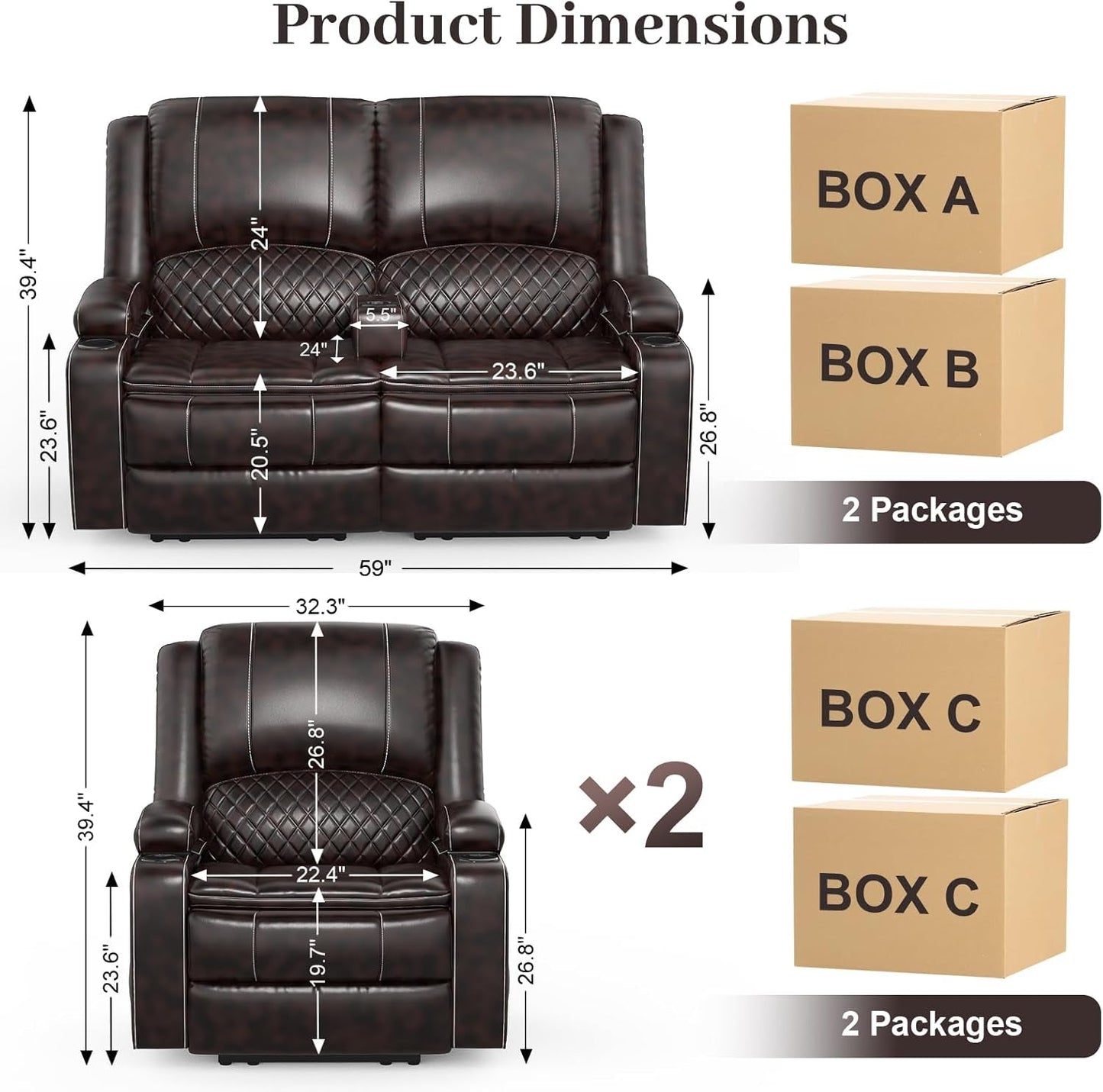 Brown Leather Reclining Loveseat Set With Console And Chairs