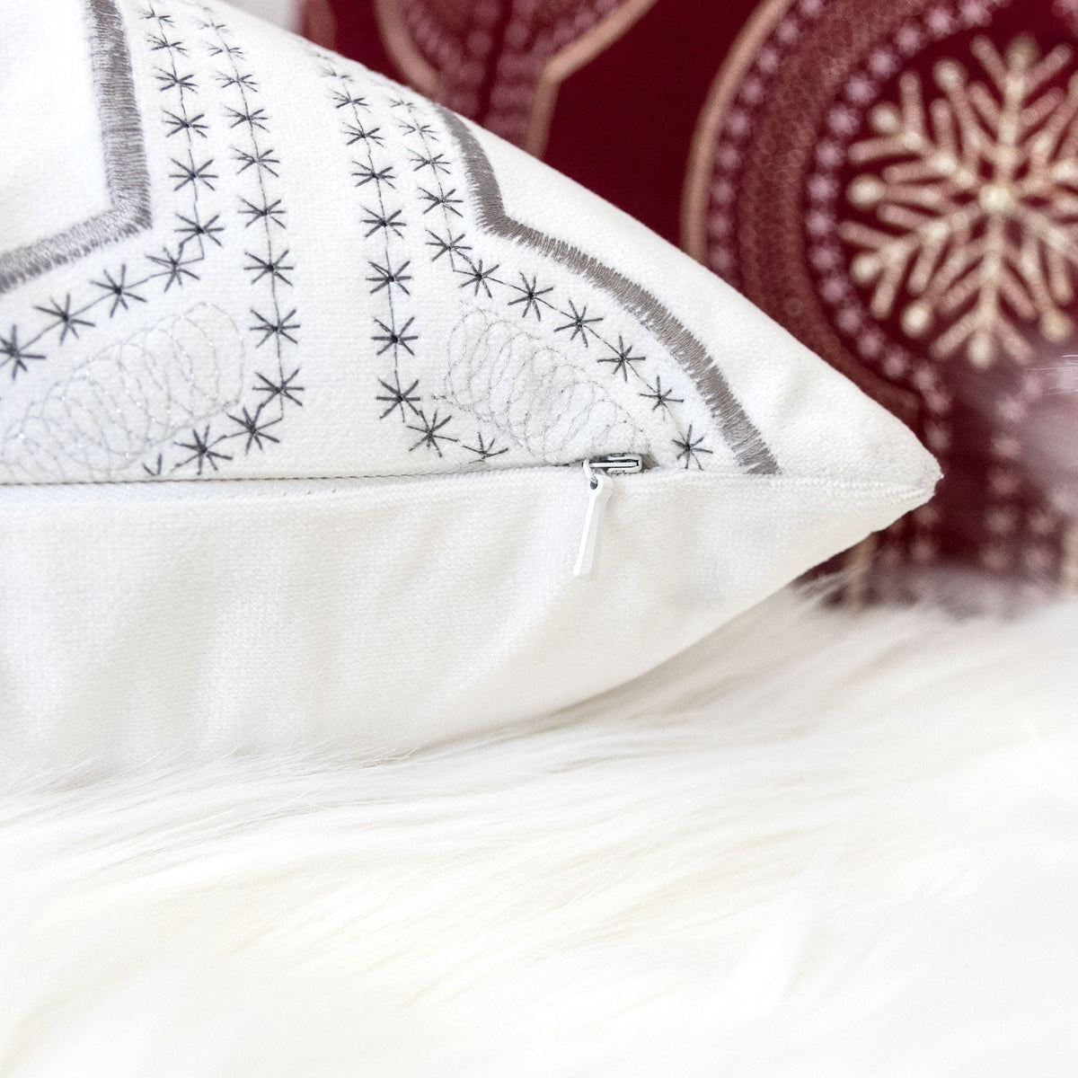 White Holiday Embroidered Velvet Throw Pillow with Insert