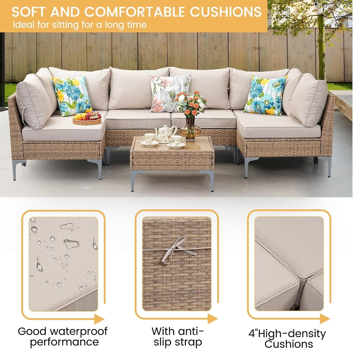 7 Piece Wicker Patio Furniture Set with Thick Cushions