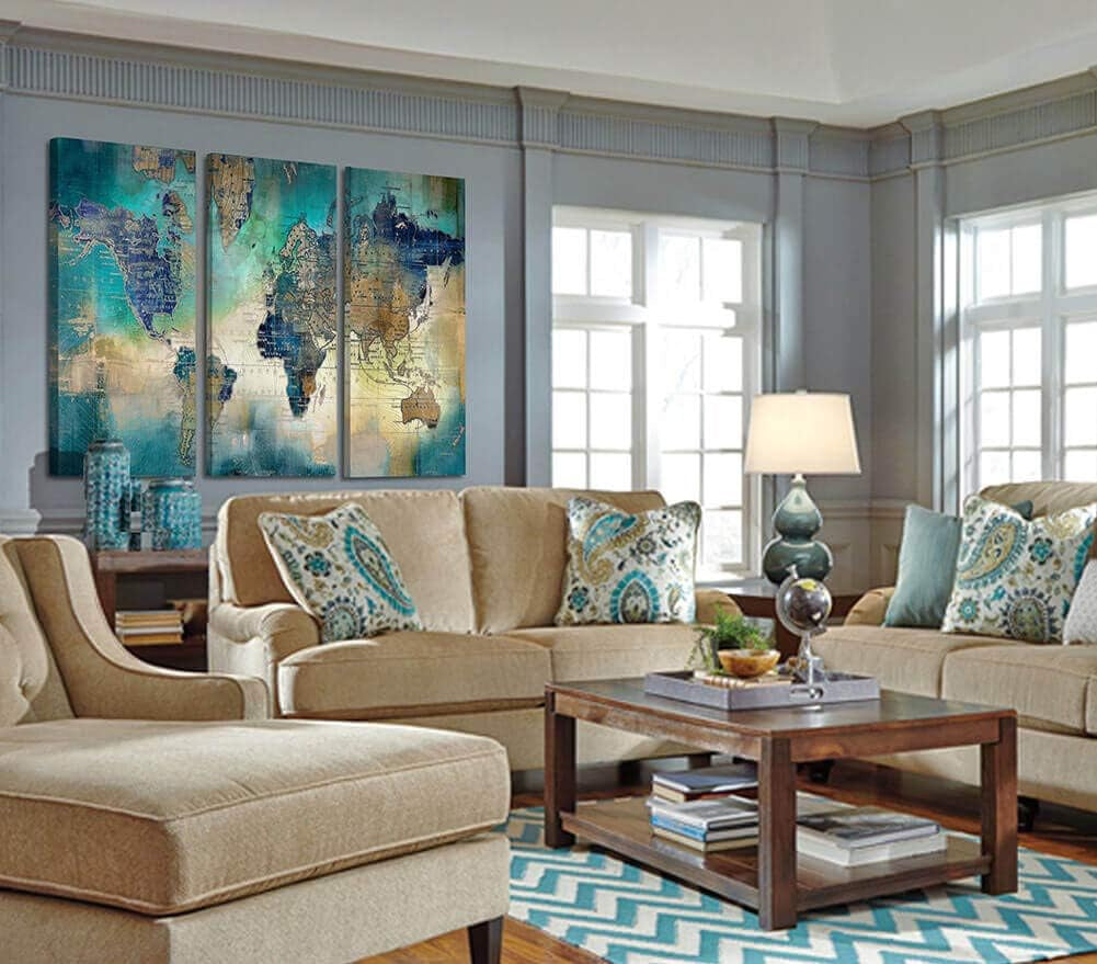Stunning  World Map Canvas Wall Art - 3 Piece Set for Living Room, Bedroom, and Office - 16"x32" Large Decor