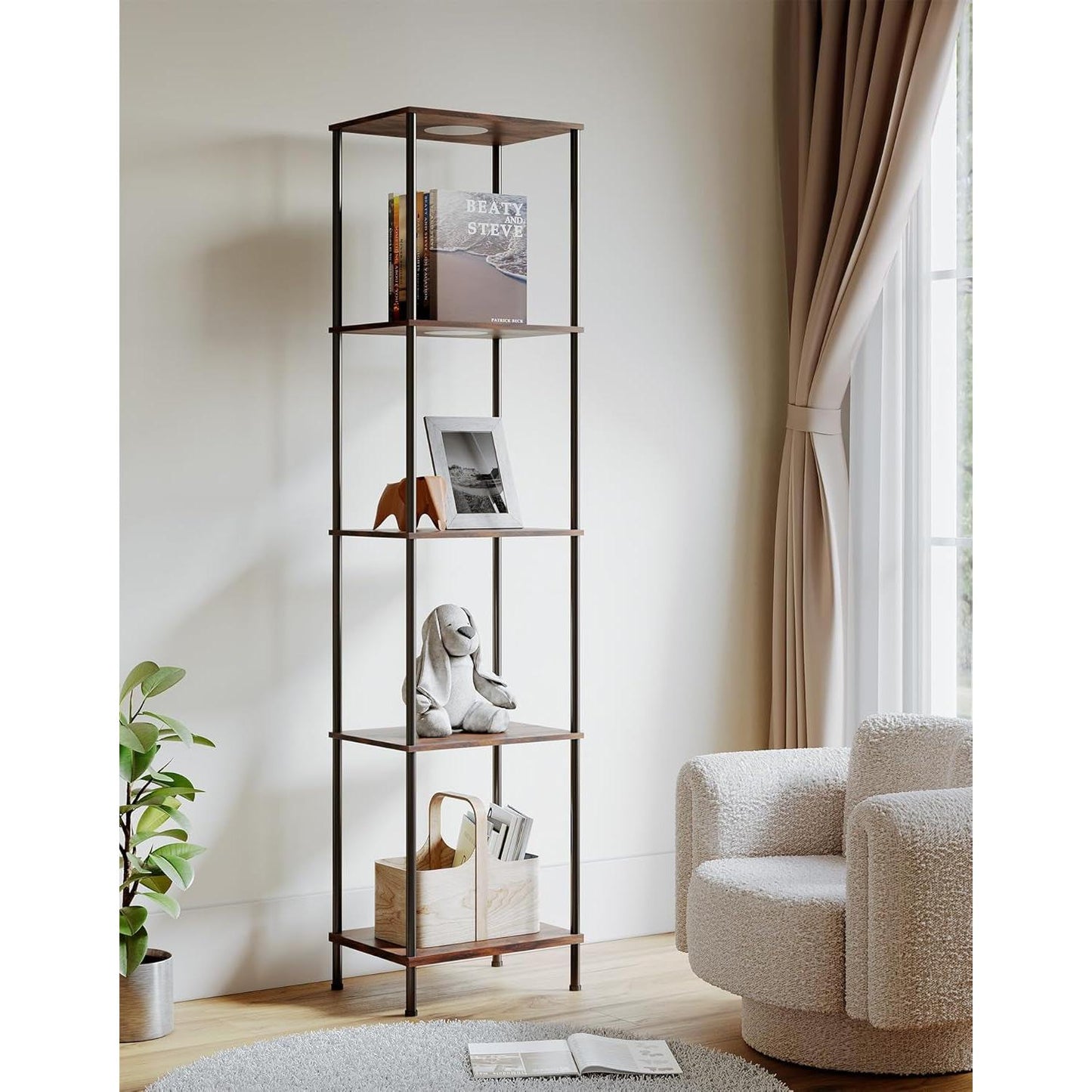 Display Shelf With RGBW Light Floor Lamp 5 Tier Brown