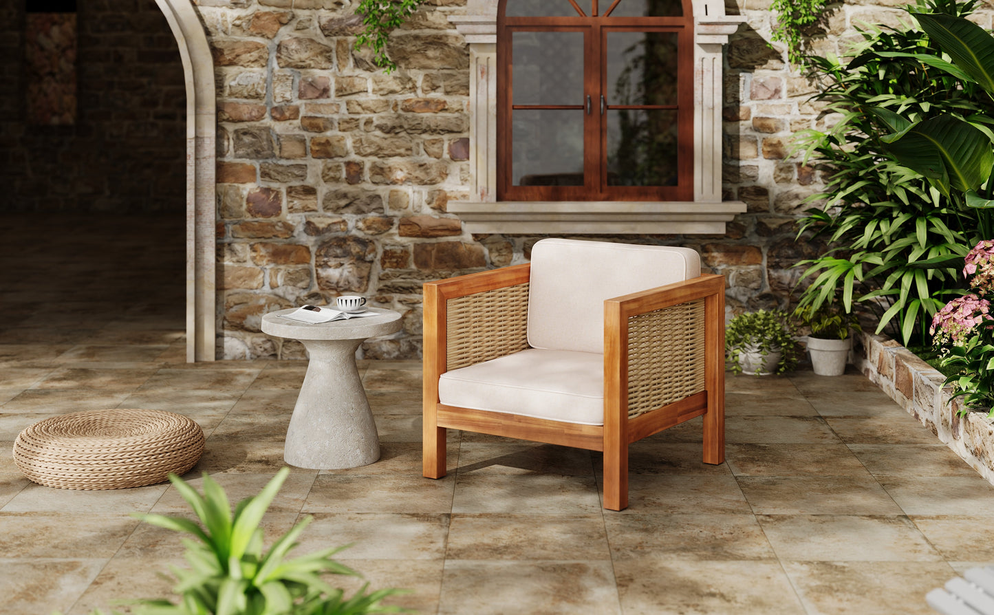Acacia Wood Outdoor Club Chair with Wicker Armrest