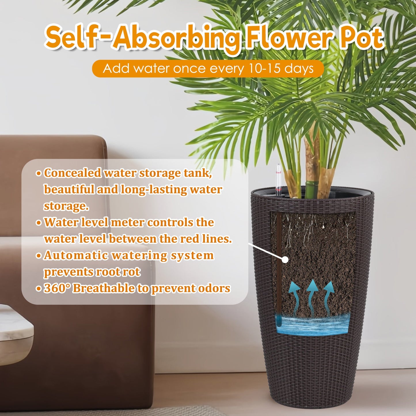 Faux Rattan Tall Planters Set of 2 with Water Level Monitor and Automatic Watering, Brown, 22 Inch