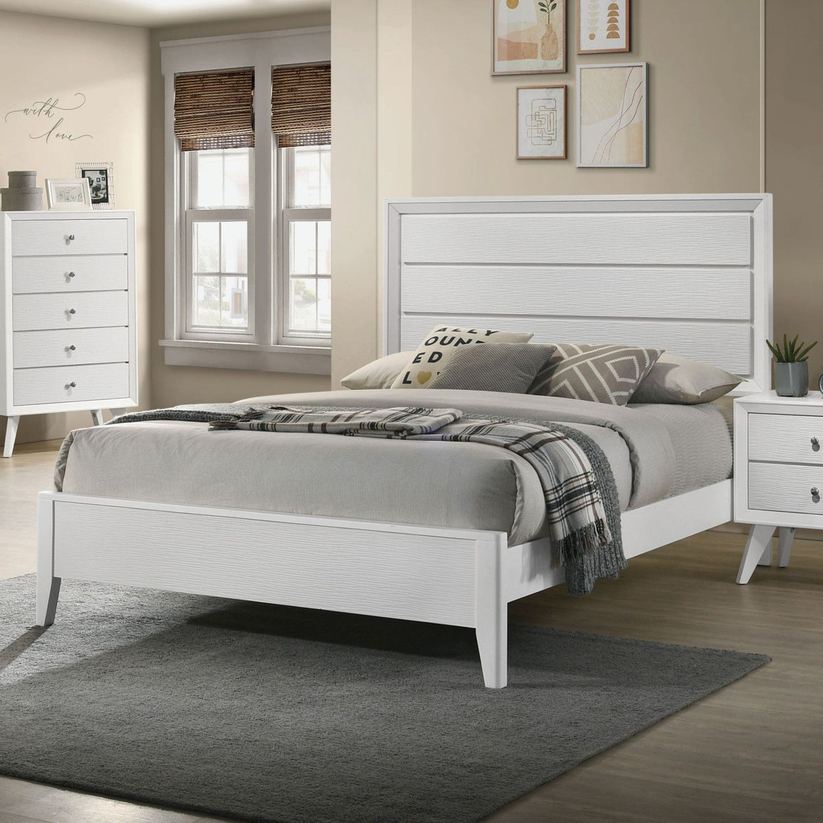 White California King Size Bed with Wave Texture