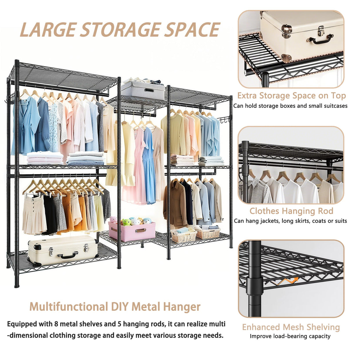 Heavy Duty Garment Rack, Freestanding Closet Organizer