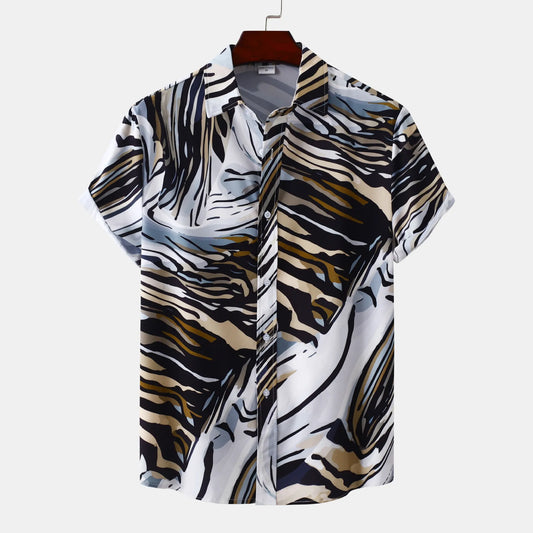 Abstract Tiger Print Short Sleeve Button-Up Shirt