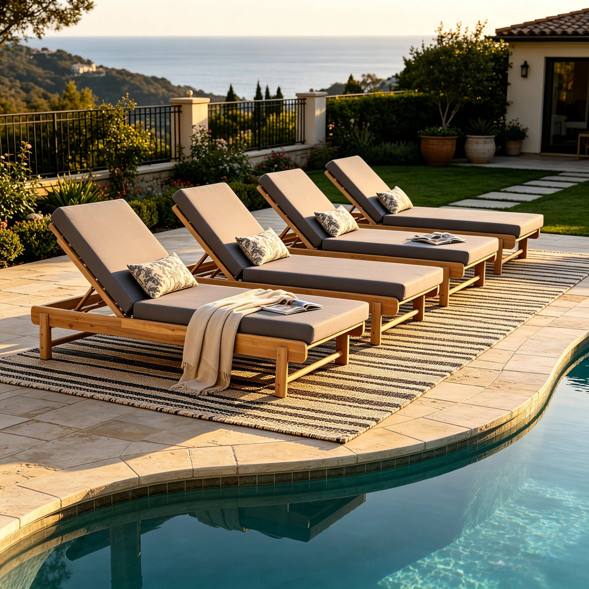 Light Teak Acacia Wood Chaise Lounge Set: 1 Frame + 1 Dark