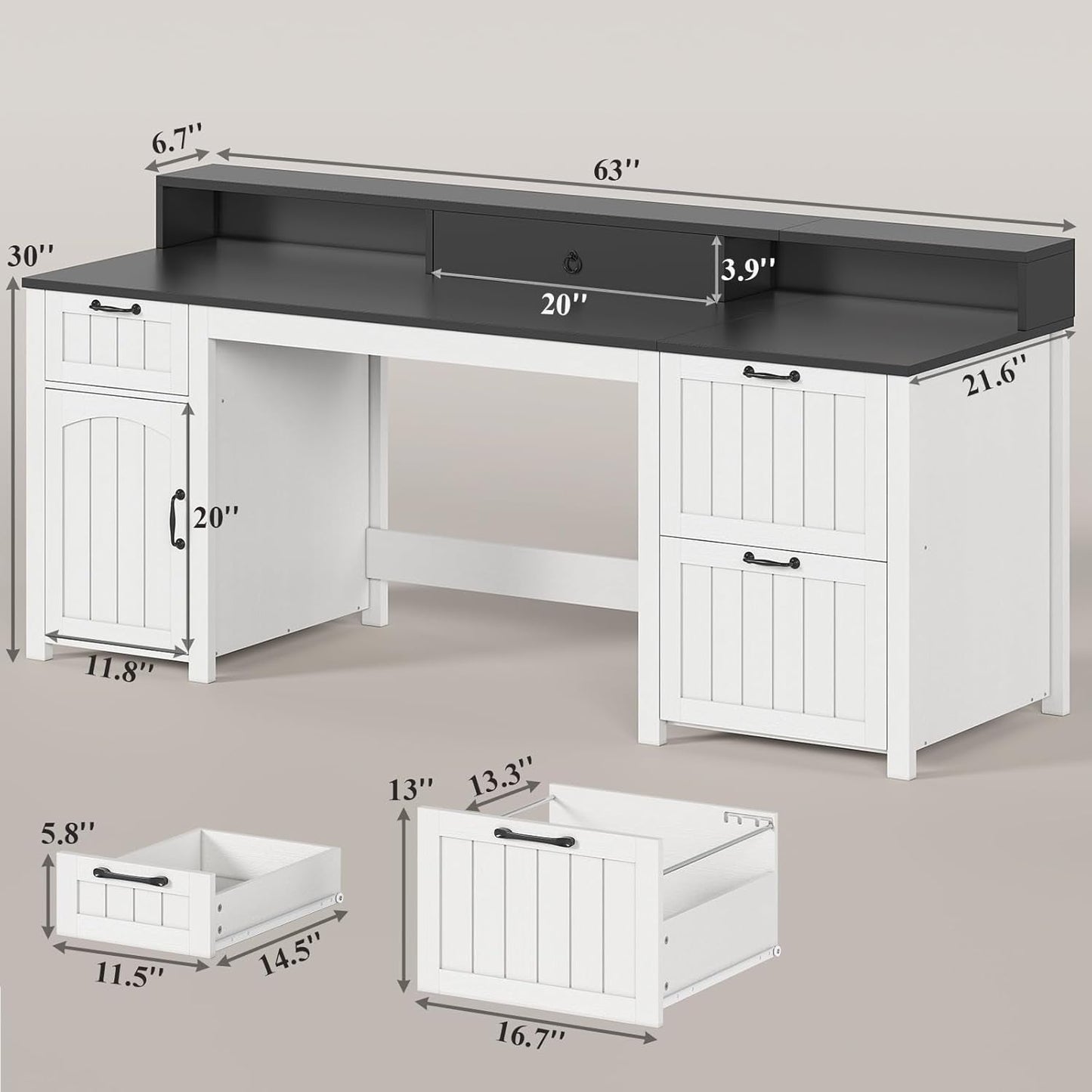 63 Inch Wide White Solid Wood Executive Desk With Drawer