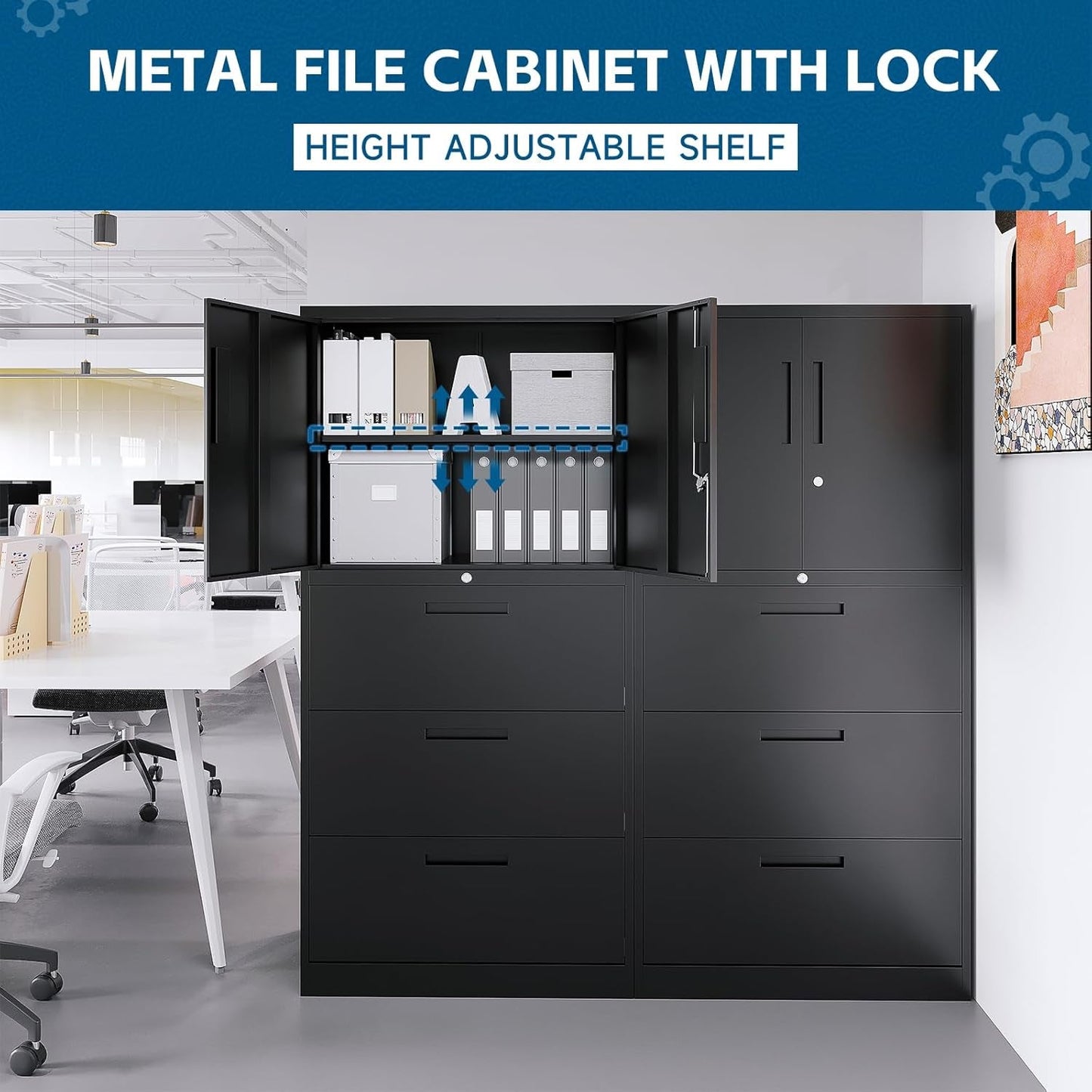 Three Drawer Metal File Cabinet Locking With Storage Shelves Black For Legal Letter A4 Documents
