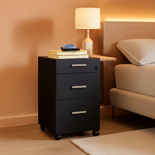Black 3-Drawer Locking Rolling File Cabinet for Home Office