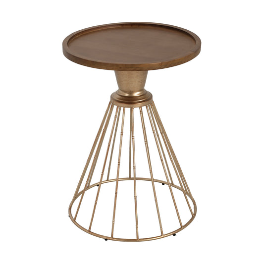 Hollow Edge Retro Art Pine Side Table with Antique Gold and Natural Color