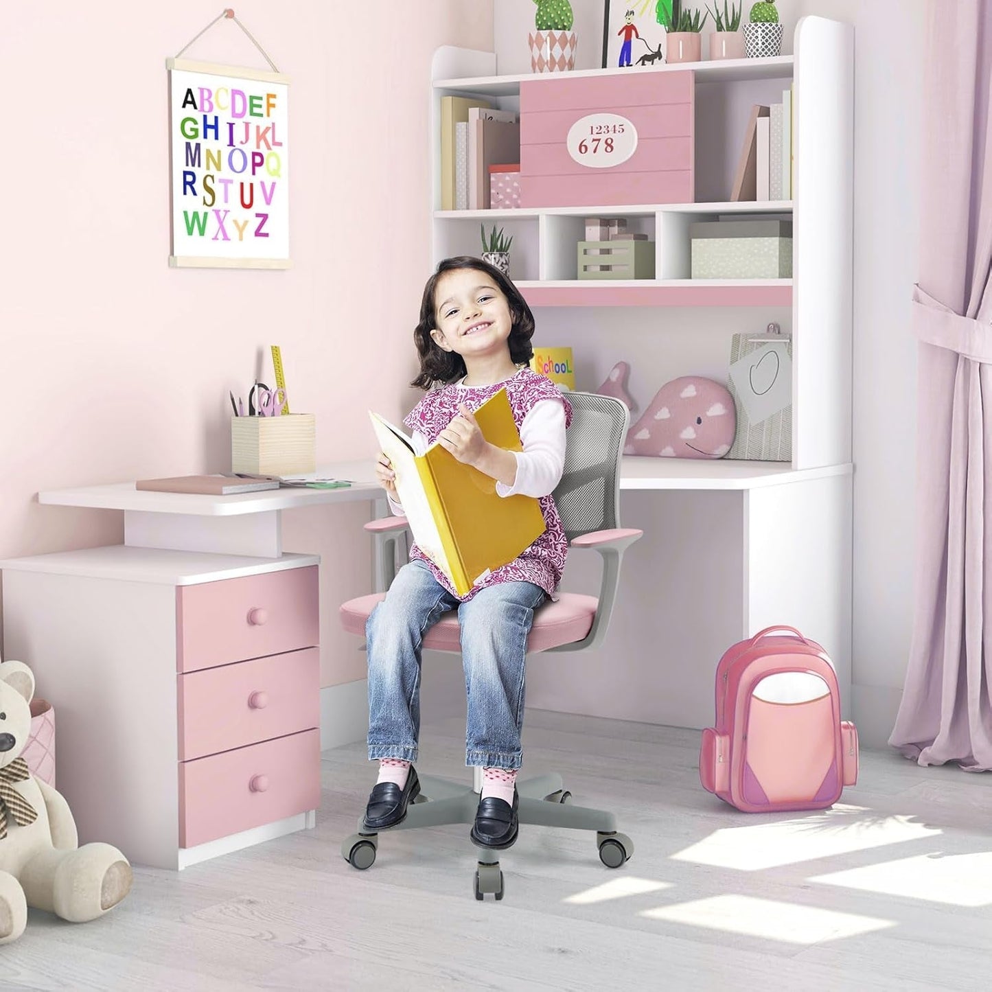 Kids Desk Chair Pink Height Adjustable Lumbar Support