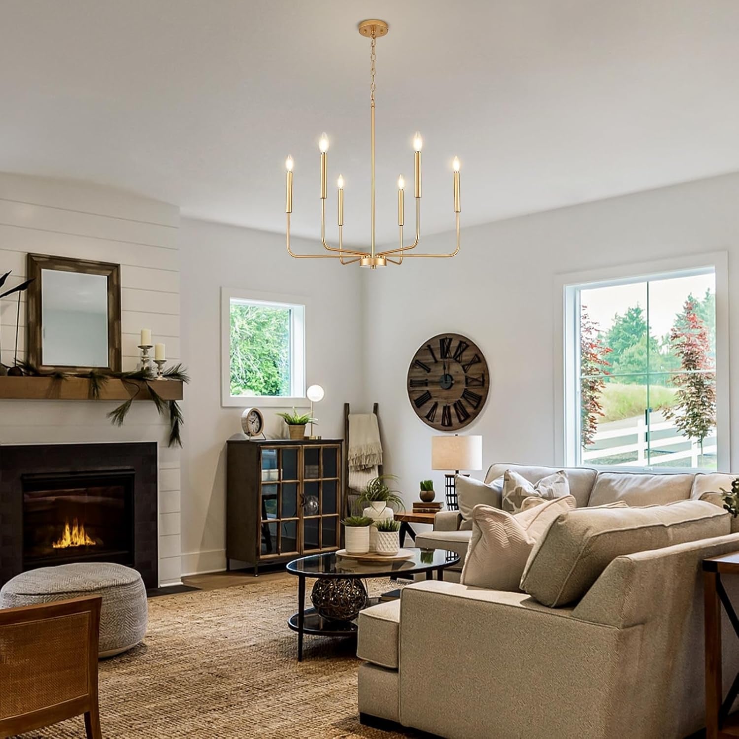 Gold 6 Light Candle Chandelier For Dining Room Modern illuminating a stylish living space.