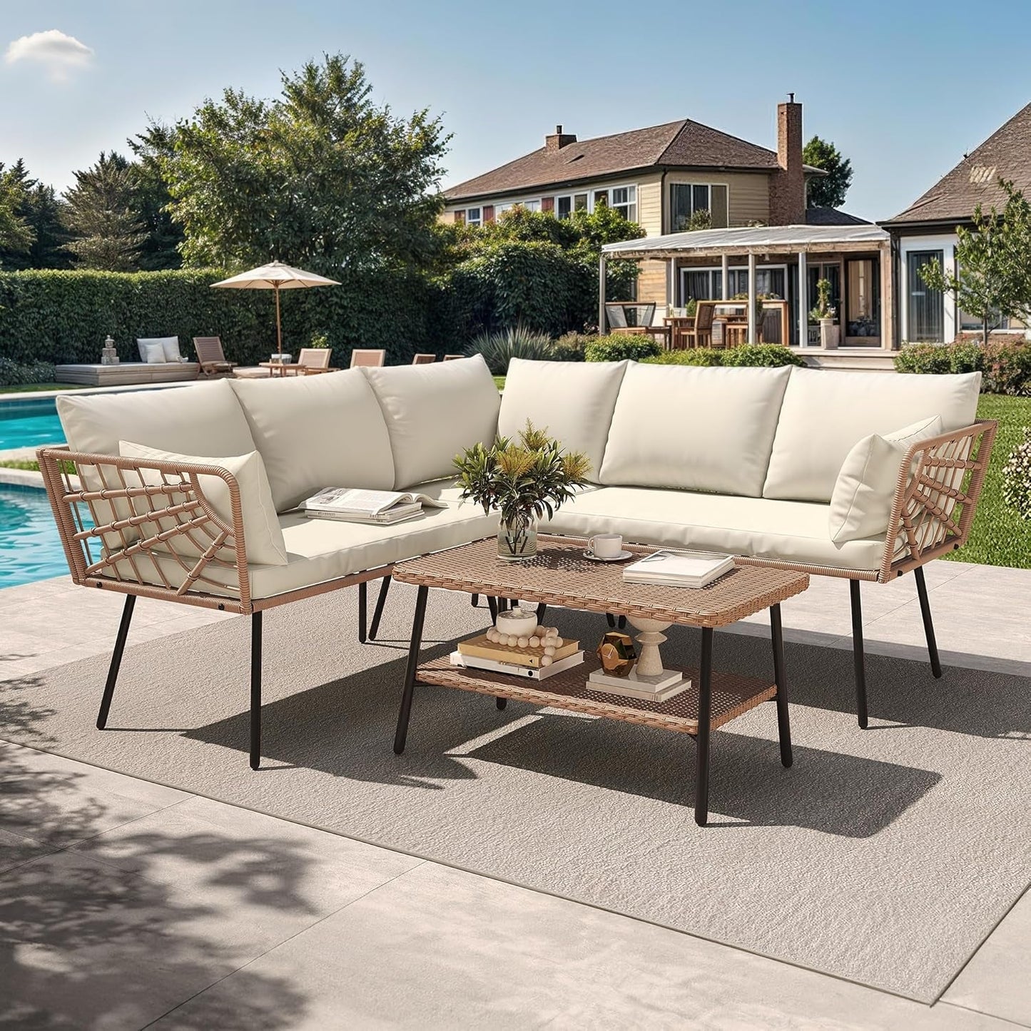 L Shape Outdoor Couch Set with Thick Cushions