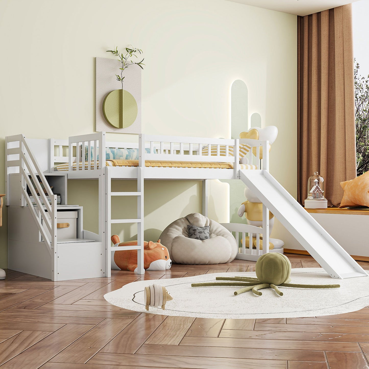 Stairway Twin Size Loft Bed with Two Drawers and Slide, White