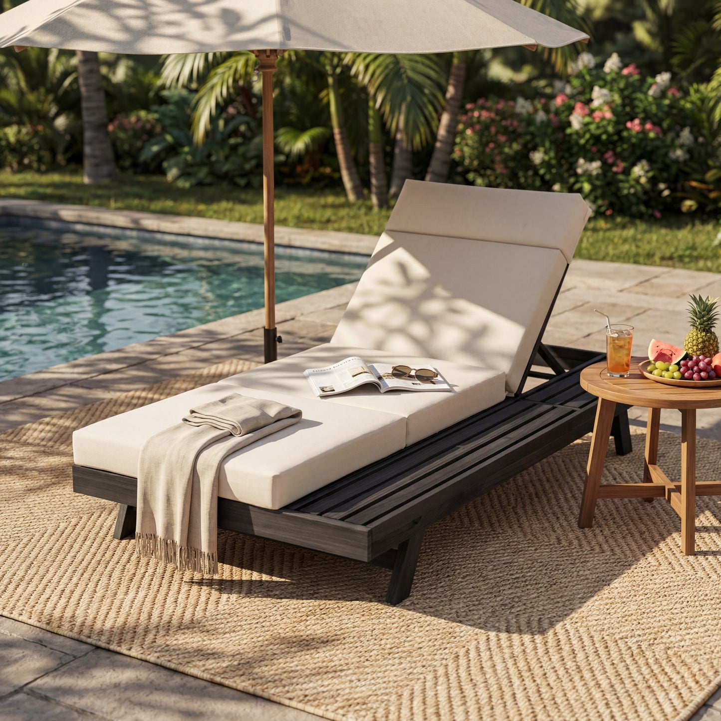 Lounge Chaise Set With Headrest, Acacia Wood