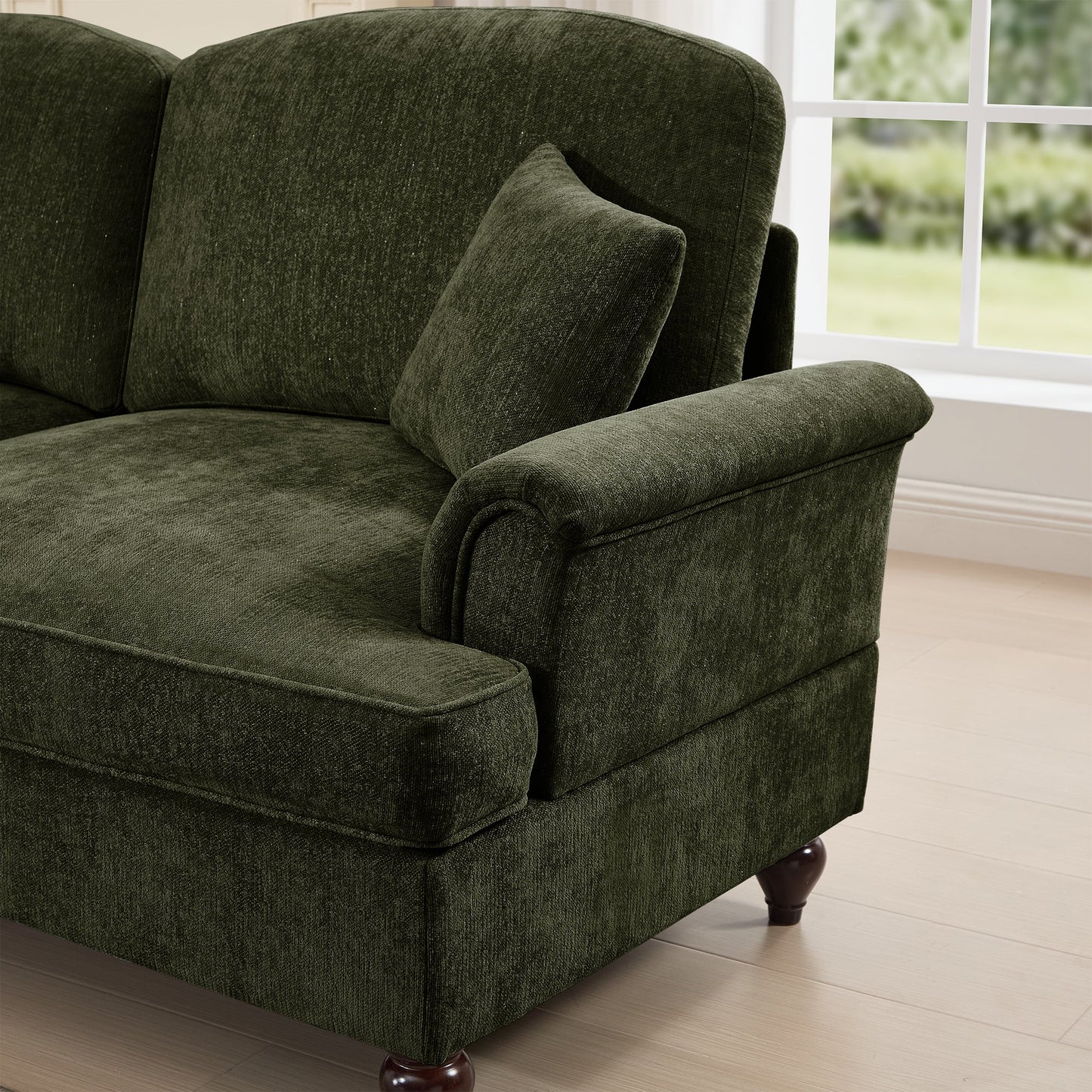 Classic Three Seater Modular L Shaped Sectional Couch with Flared Arms and Removable Ruffles Pleats Skirts and Spindle Legs, Comfy Chenille Four-Seat Deep Seat Sofa with Movable Ottoman, Green