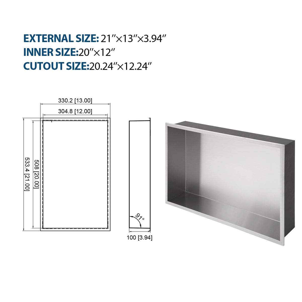 21" x 13" Stainless Steel Shower Niche, Brushed Nickel