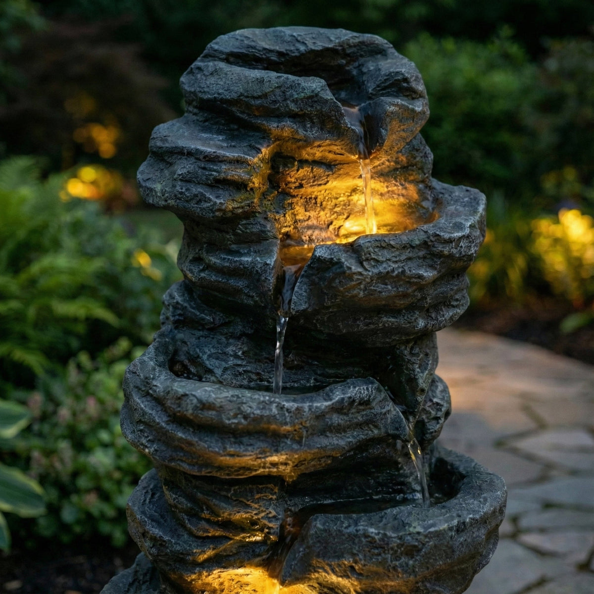 6-Tier Outdoor Cascading Stone Water Fountain with LED Lights