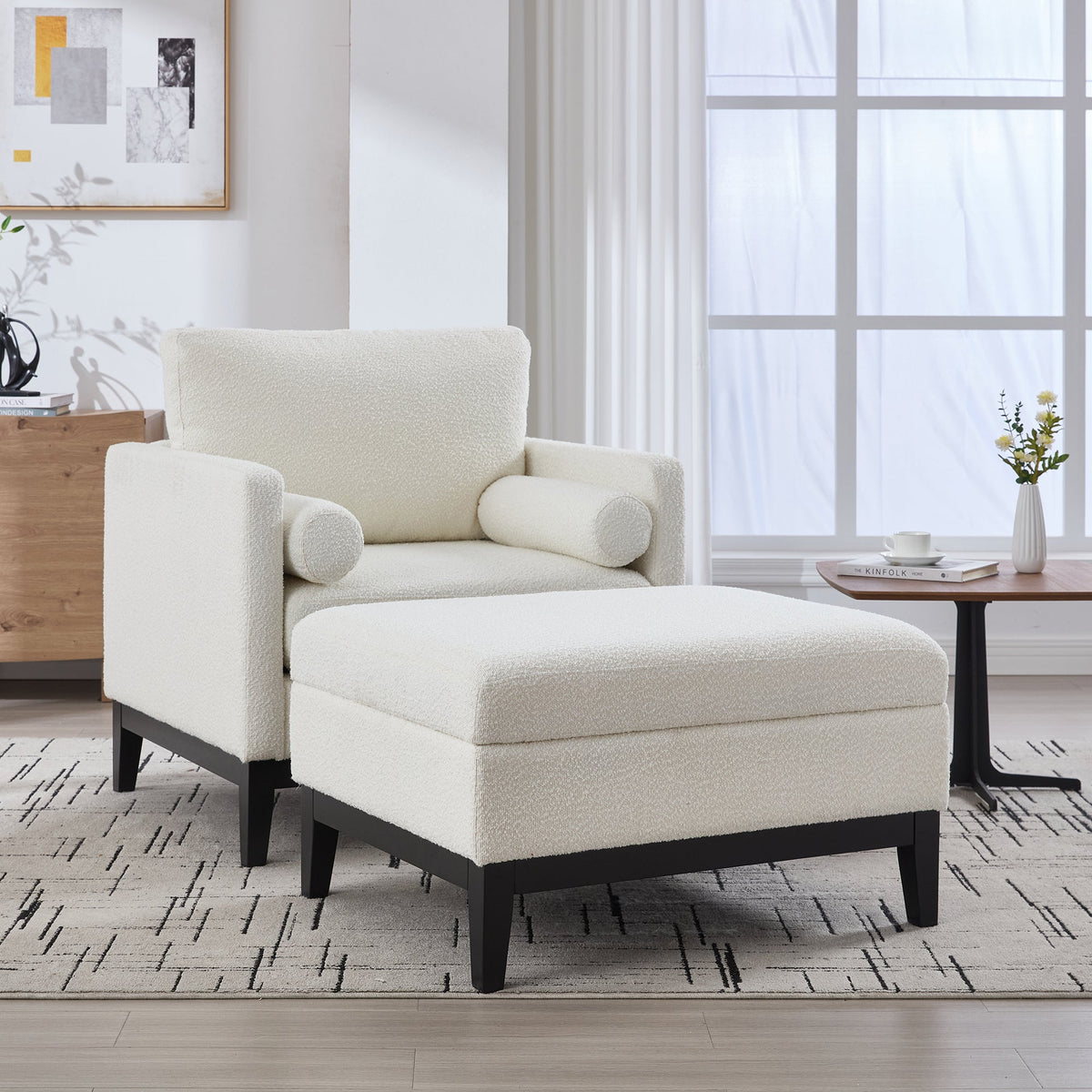 35.4" Wide Farmhouse Performance Upholstered Arm Chair with Ottoman