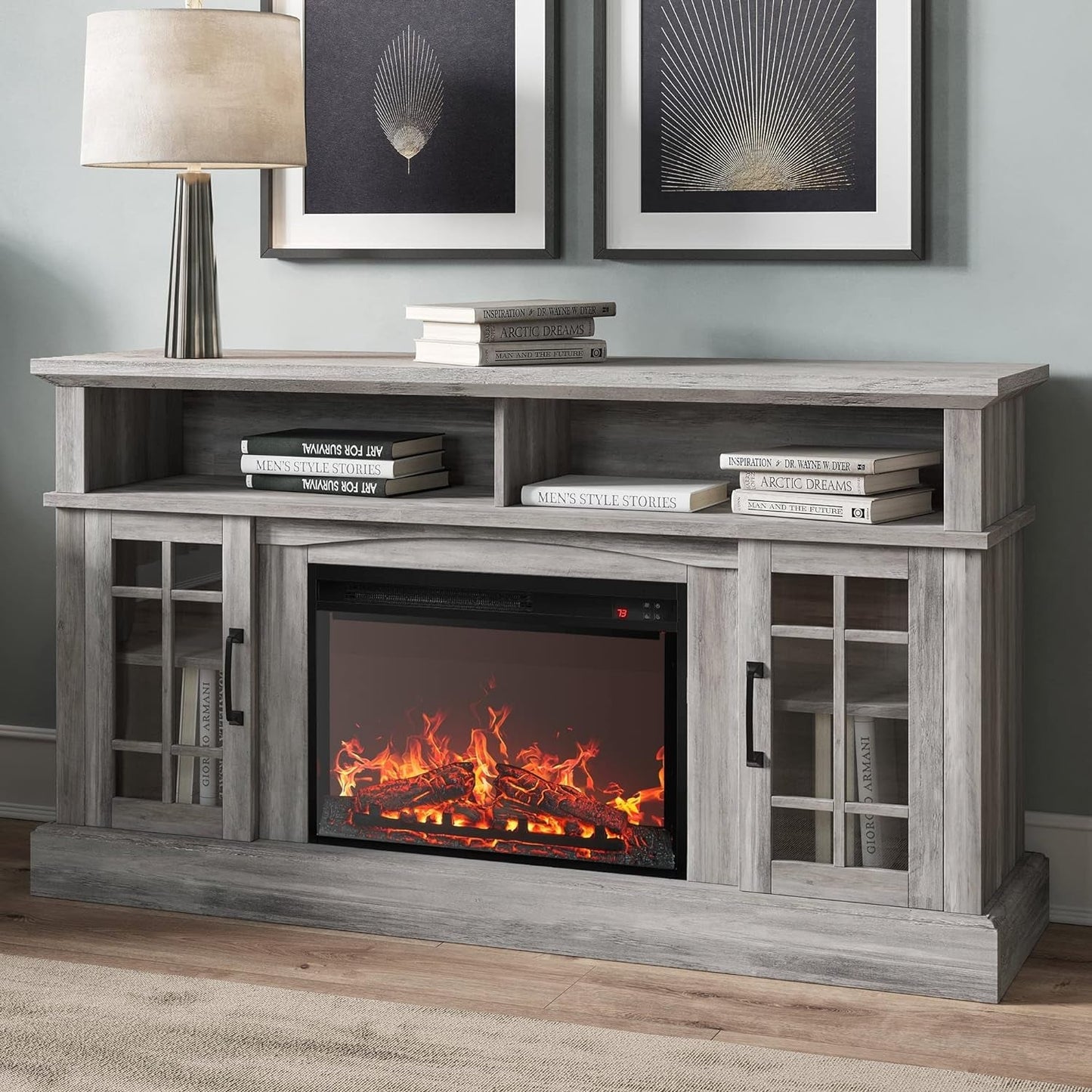 58 Inch Rustic TV Stand With Electric Fireplace And Storage
