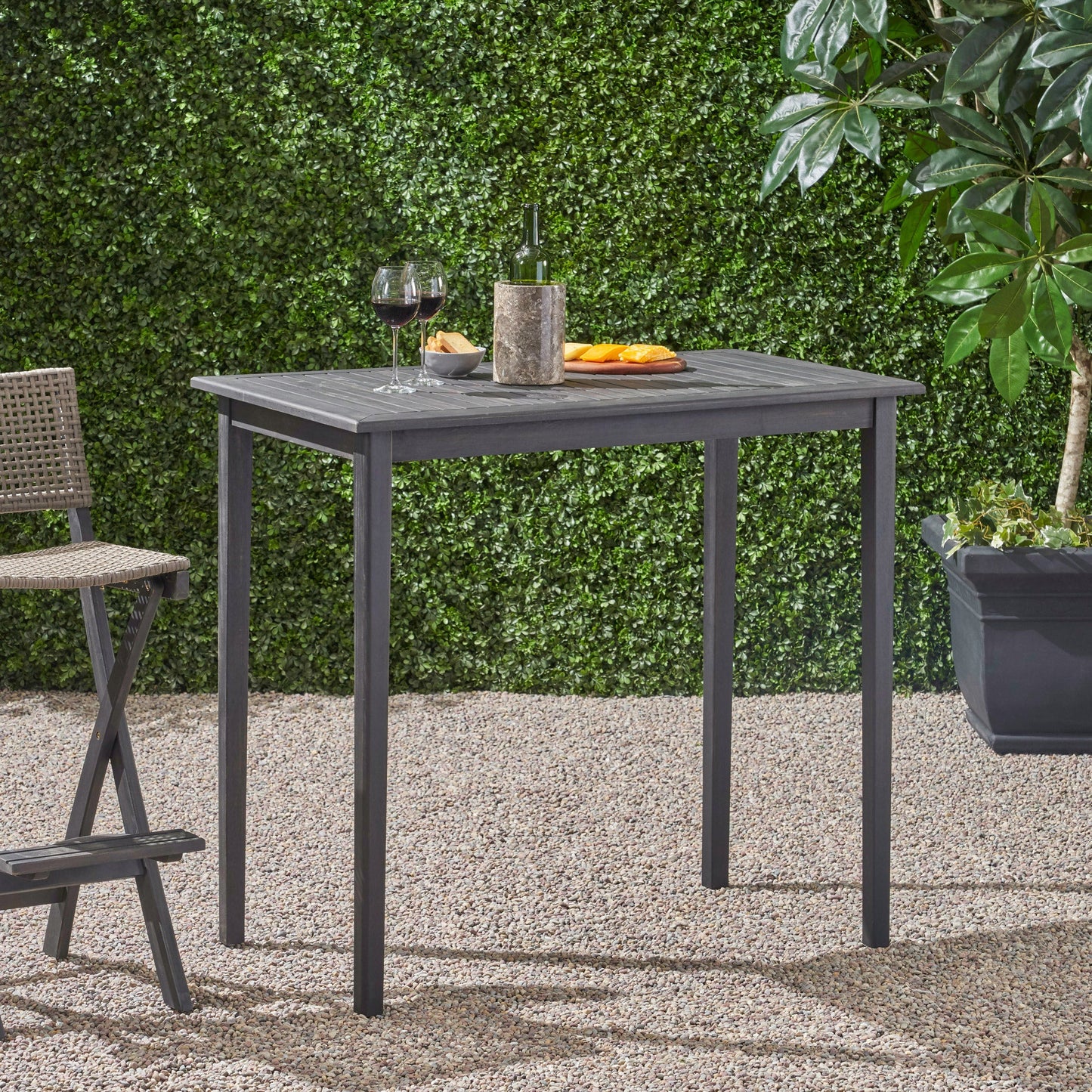 Outdoor Minimalist Acacia Wood Rectangle Bar Table - Dark Gray Finish 45x26 Inches