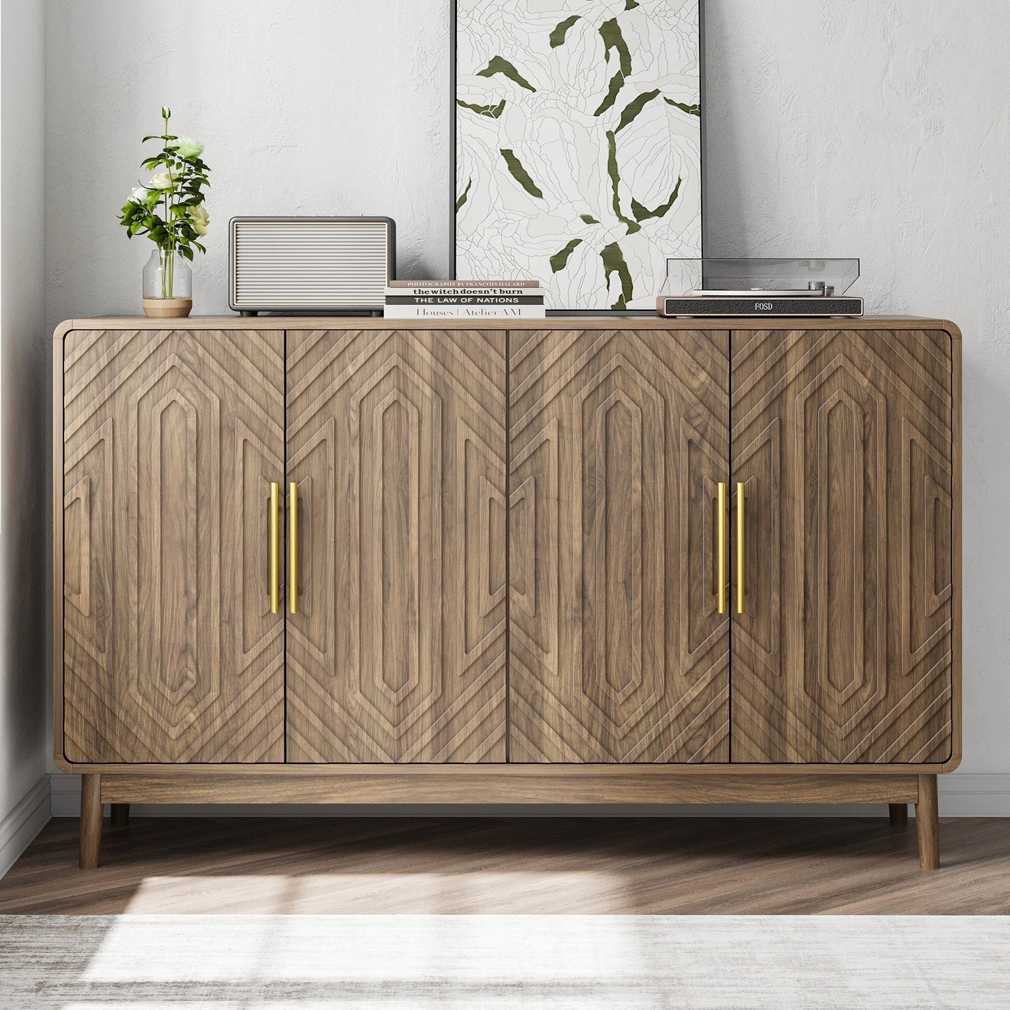 Modern Carved 4-Door Sideboard Buffet Cabinet with Storage, Adjustable Layer Board, Walnut Finish