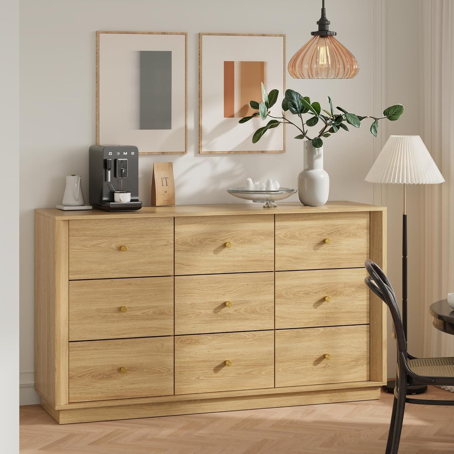 Nine Drawer Dresser 55 Inch Golden Oak UltraWoodgrain